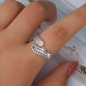 Preview: Damen Ring, Wickelring, im Blattdesign, mit Strasssteinen, verstellbar