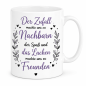 Preview: Nachbarn Freunde Tasse – Der Zufall machte uns zu Nachbarn, das Lachen machte uns zu Freunden – Geschenk für Nachbarn | Schwarz-Lila Design