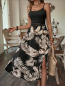 Preview: Damenkleid, Freizeitkleid, Maxikleid, schwarz mit Blattmuster, dünne Träger, Riemchenkleid, rückenfrei