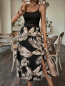 Preview: Damenkleid, Freizeitkleid, Maxikleid, schwarz mit Blattmuster, dünne Träger, Riemchenkleid, rückenfrei