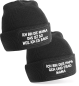 Preview: 2er Set One Size Beanie, Mütze bedruckt mit Spruch: Ich bin die Mama, Ich bin der Papa...