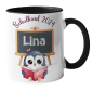 Preview: Weiße oder schwarzweiße Tasse "Schulkind 2025 Motiv Katze oder Pinguin, personalisiert"