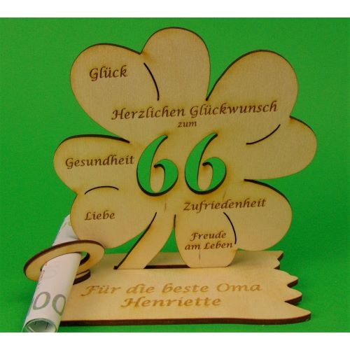 Holzkleeblatt zum XX. Geburtstag Höhe 11,7 cm mit Gravur Personalisiert, mit Glückwünschen Tischaufsteller
