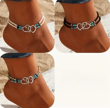 1er Knöchelkettchen oder 3-teiliges Boho Fußkettchen-Set – Elastisch mit Kristallperlen & Doppelherz-Design – Natürlich & elegant – Geschenk für Damen – 3 Farben