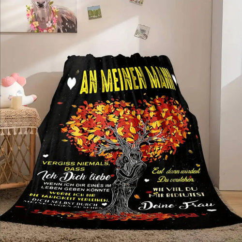 Kuscheldecke, Flanelldecke, Bedruckte Decke für den Ehemann, mit Spruch „An meinen Ehemann - vergiss niemals, dass ich dich liebe..." Motiv Baum