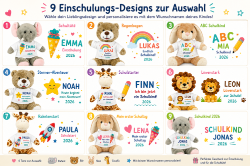 Kuscheltier Einschulung mit Namen, Stofftier personalisiert, Schultüte Geschenk, Elefant Bär Hase Giraffe, Schulkind 2026, Geschenk Schulanfang