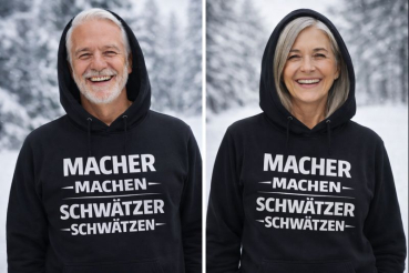 Preview: Kapuzenpullover, Hoodie schwarz mit Motiv: Macher-machen, Schwätzer- schwätzen