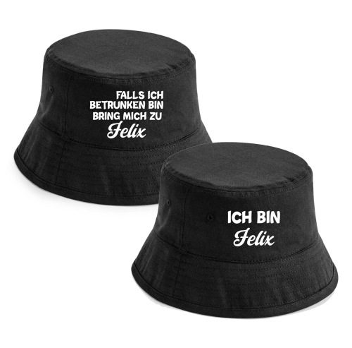 2er Set Hüte, Party Hut, Bucket Hat, Fischer Hut, Hut bedruckt mit Spruch: Falls ich betrunken bin, bring mich zu...Name, Ich bin Name