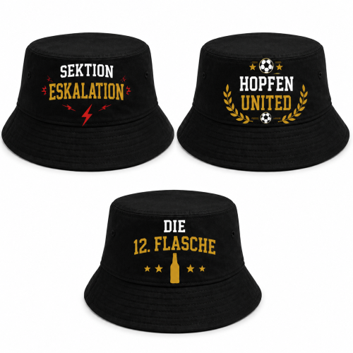 Lustiger Bucket Hat WM Fan Hut – Bierliebhaber Fischerhut mit Fußball Spruch – Festival & Public Viewing Sommerhut Schwarz FC DURST TEAM BIERGARTEN SEKTION ESKALATION HOPFEN UNITED DIE 12. FLASCHE