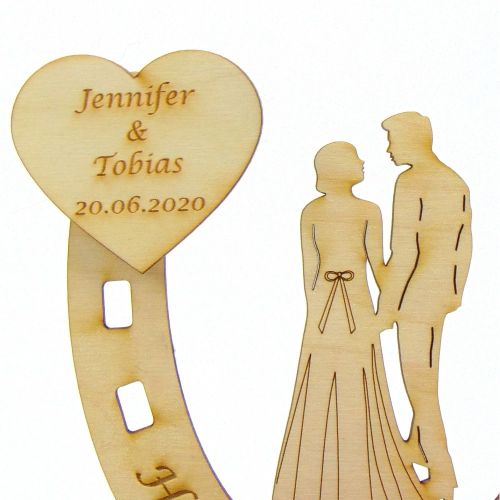 Holz Geldgeschenk Brautpaar von hinten im Hufeisen, Personalisiert