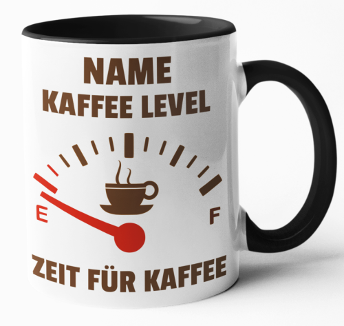 Weiße oder schwarzweiße Tasse "Kaffee Level - NAME - Zeit für Kaffee", personalisiert"