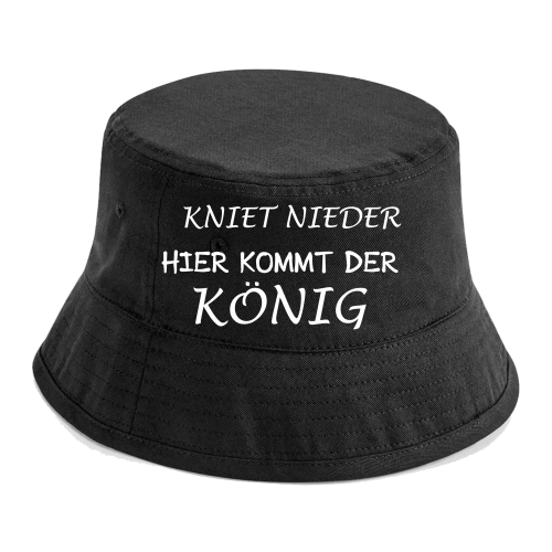 Party Hut, Bucket Hat, Fischer Hut, Hut bedruckt mit Spruch: Kniet nieder hier kommt die Königin, der König
