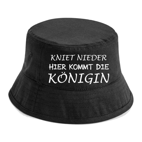 Party Hut, Bucket Hat, Fischer Hut, Hut bedruckt mit Spruch: Kniet nieder hier kommt die Königin, der König