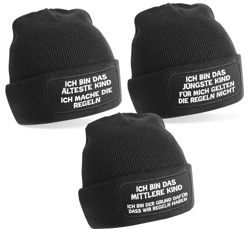 2er oder 3er Set One Size Beanie, Mütze bedruckt mit Spruch: Das Jüngste, Das Mittlere, Das Älteste KiND - REGELN der Familie