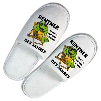 Hausschuhe, Frottee-Slipper weiß mit Motiv: Schildkröte - Rentner des Jahres