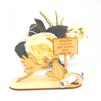 Babyalarm!!! Holz Geschenk mit Storch, Baby und Schild zur Geburt Taufe Nachwuchs Geldgeschenk