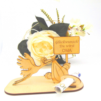 Babyalarm!!! Holz Geschenk mit Storch, Baby und Schild zur Geburt Taufe Nachwuchs Geldgeschenk