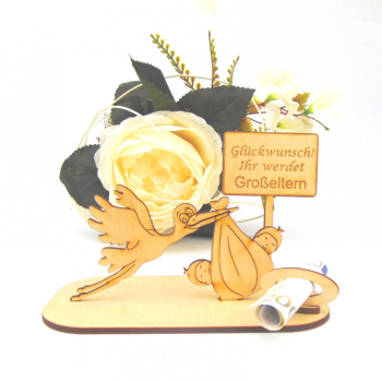 Babyalarm!!! Holz Geschenk mit Storch, Baby und Schild zur Geburt Taufe Nachwuchs Geldgeschenk