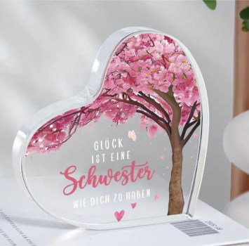 Acryl Herz, Acrylherz, Acryl Aufsteller, mit Spruch "Glück ist eine Schwester wie dich zu haben" Motiv Baum
