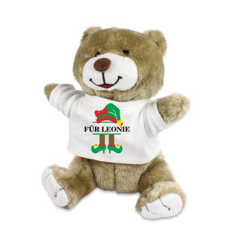 Stofftier, Kuscheltier mit Weihnachtsmuster: Hase, Bär, Giraffe, Elefant, Schaf mit Wunschnamen und Mini Tshirt - Motiv nach Wahl - Nikolaus, Wichtel, Keks, Rentier