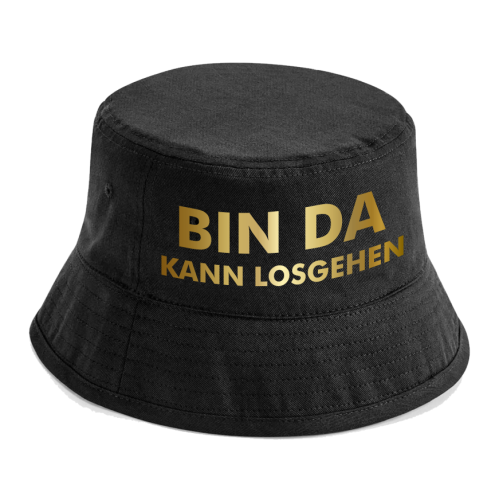 Party Hut, Bucket Hat, Fischer Hut, Hut bedruckt mit Spruch: Ich bin da, kann losgehen, goldene Schrift