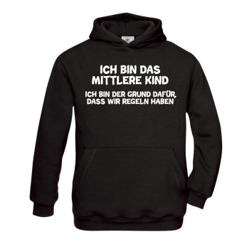 3er Set Kinder Hoodies ohne Kordel, KINDER Kapuzenpullover schwarz "Das Jüngste, Das Mittlere, Das Älteste KiND - REGELN der Familie", Motiv vorne