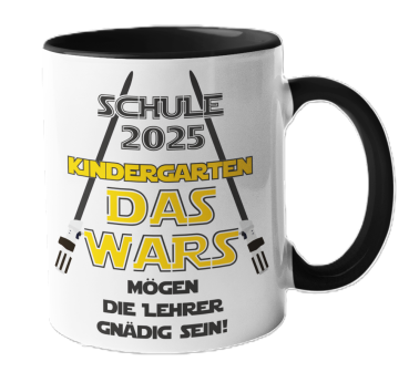 Schwarzweiße oder weiße Tasse "Schulkind 2025. Kindergarten das wars. Mögen die Lehrer mit dir gnädig sein."