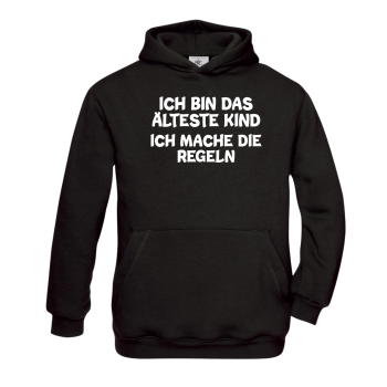 3er Set Kinder Hoodies ohne Kordel, KINDER Kapuzenpullover schwarz "Das Jüngste, Das Mittlere, Das Älteste KiND - REGELN der Familie", Motiv vorne