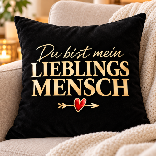 Schwarzes Kissen mit Spruch „Du bist mein Lieblingsmensch" – romantische Kissenhülle mit Füllung als Geschenk für Partner oder Freunde