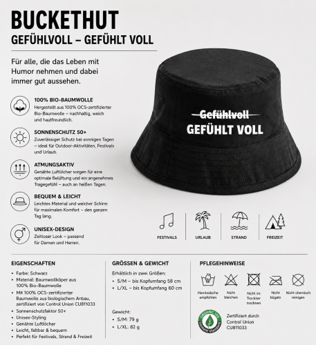 Party Hut, Bucket Hat, Fischer Hut, Hut bedruckt mit Spruch: Gefühlvoll - Gefühlt VOLL