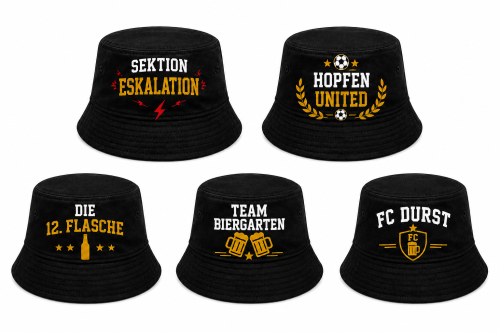 Lustiger Bucket Hat WM Fan Hut – Bierliebhaber Fischerhut mit Fußball Spruch – Festival & Public Viewing Sommerhut Schwarz FC DURST TEAM BIERGARTEN SEKTION ESKALATION HOPFEN UNITED DIE 12. FLASCHE