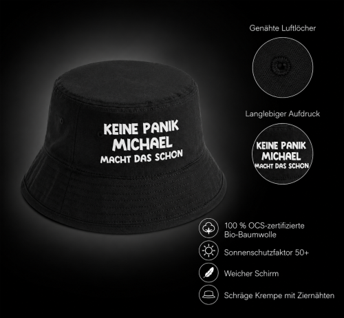 Party Hut, Bucket Hat, Fischer Hut, Hut bedruckt mit Spruch: Keine Panik... Wunschname macht das schon