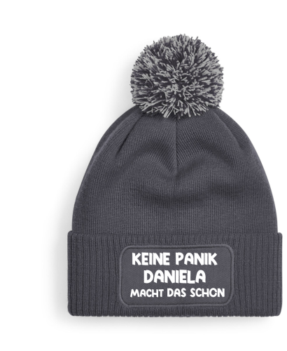 One Size Beanie mit Pompon, Bommelmütze mit Spruch: Keine Panik... Wunschname macht das schon