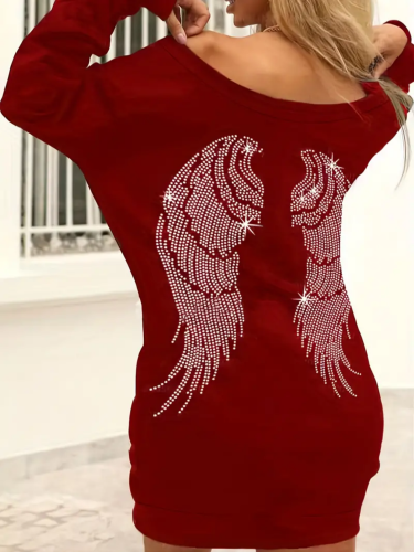 Lässiger schulterfreier Langarm-Longpullover, Minikleid mit Flügelmuster