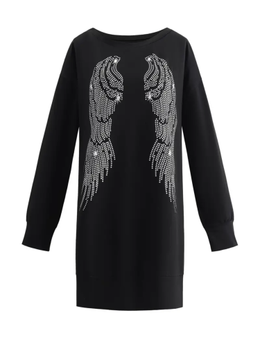 Lässiger schulterfreier Langarm-Longpullover, Minikleid mit Flügelmuster