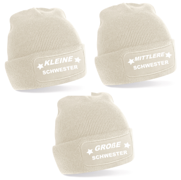 2er oder 3er Set One Size Beanie, Mütze bedruckt mit Spruch: Kleine Schwester, Mittlere Schwester, Große Schwester
