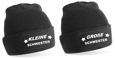 2er oder 3er Set One Size Beanie, Mütze bedruckt mit Spruch: Kleine Schwester, Mittlere Schwester, Große Schwester