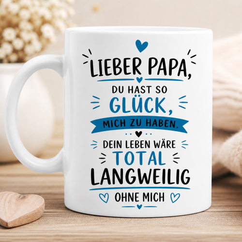 Tasse oder Kissen „Liebe Mama o. Lieber Papa, du hast so Glück mich zu haben“ – Geschenk für Mama, Papa | Muttertag, Vatertag | Geburtstag | Humor Geschenkidee