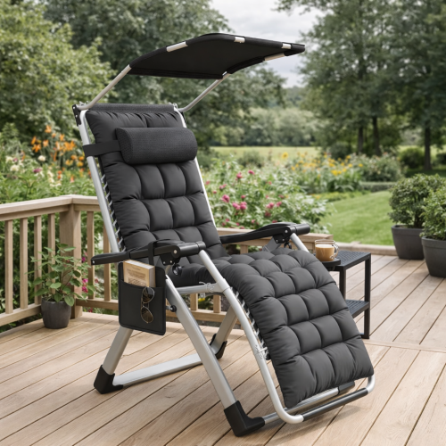 Komfortabler Premium Outdoor-Liegesessel mit integriertem Sonnenschutz,schwarz, faltbar, inklusive Getränkehalter und Seitentasche – ideal für Garten, Terrasse und Balkon