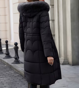 Preview: Stylische Herbst- und Winterjacke für Damen: mit Kapuze, Kordelzug, Taillenbund und Taschen.