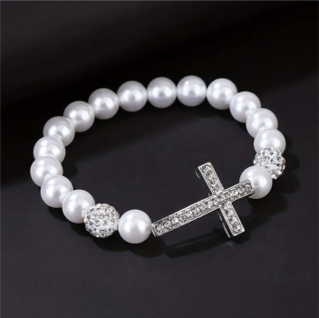 Perlenarmband, Damenarmband, mit Kreuz und Strasssteinen, Elastisches Armband