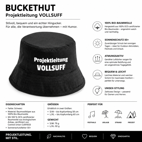 Party Hut, Bucket Hat, Fischer Hut, Hut bedruckt mit Spruch: Projektleitung VOLLSUFF