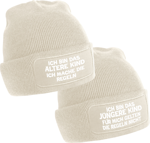 2er Set One Size Beanie, Mütze bedruckt mit Spruch: Ich bin das Ältere Kind, Ich bin das Jüngere Kind