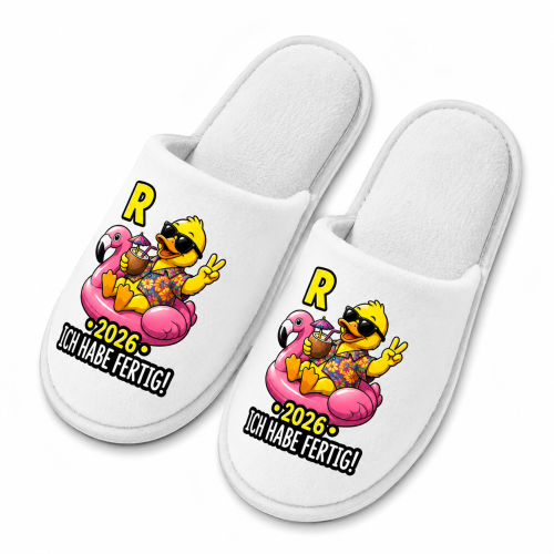 Hausschuhe, Frottee-Slipper weiß mit Motiv: Ente- Rente, 2026 Ich habe fertig.