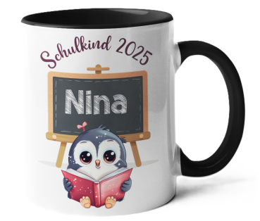 Weiße oder schwarzweiße Tasse "Schulkind 2025 Motiv Katze oder Pinguin, personalisiert"