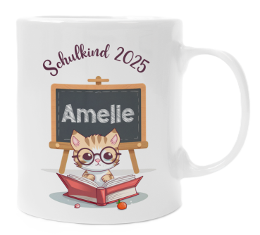 Weiße oder schwarzweiße Tasse "Schulkind 2025 Motiv Katze oder Pinguin, personalisiert"