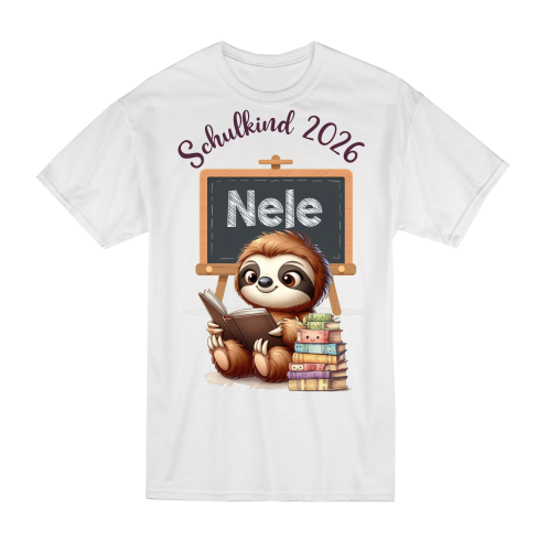 Kinder T-Shirt mit Motiv  Schulkind 2026 Modell:Katze, Pinguin, Faultier personalisiert