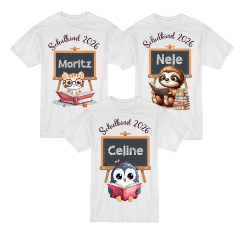 Kinder T-Shirt mit Motiv  Schulkind 2026 Modell:Katze, Pinguin, Faultier personalisiert