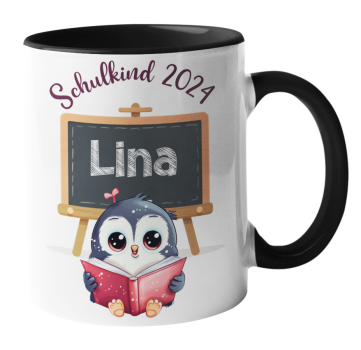 Weiße oder schwarzweiße Tasse "Schulkind 2025 Motiv Katze oder Pinguin, personalisiert"