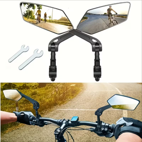 2x Fahrrad Rückspiegel Weitwinkel 360° Verstellbar – Lenkerspiegel aus ABS für E-Bike, Mountainbike, Roller & E-Scooter – Schwarzes Rechteck-Design